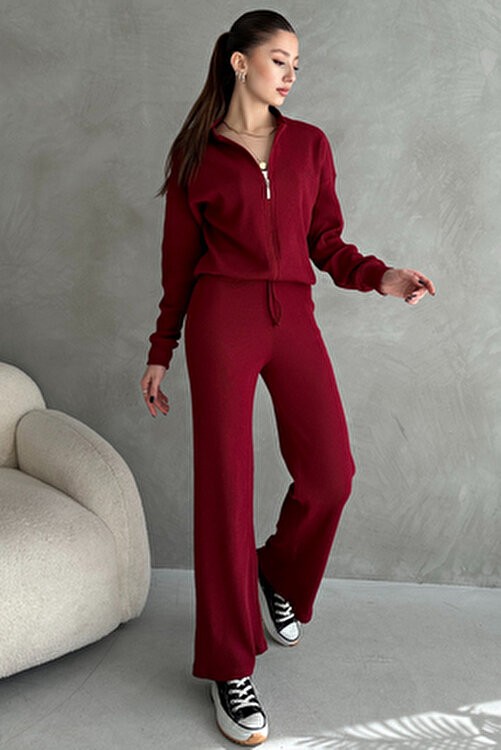 EYYE Bordo Kaşkorse Pantolon Bomber Ceket Kadın Alt Üst Takım görsel 6