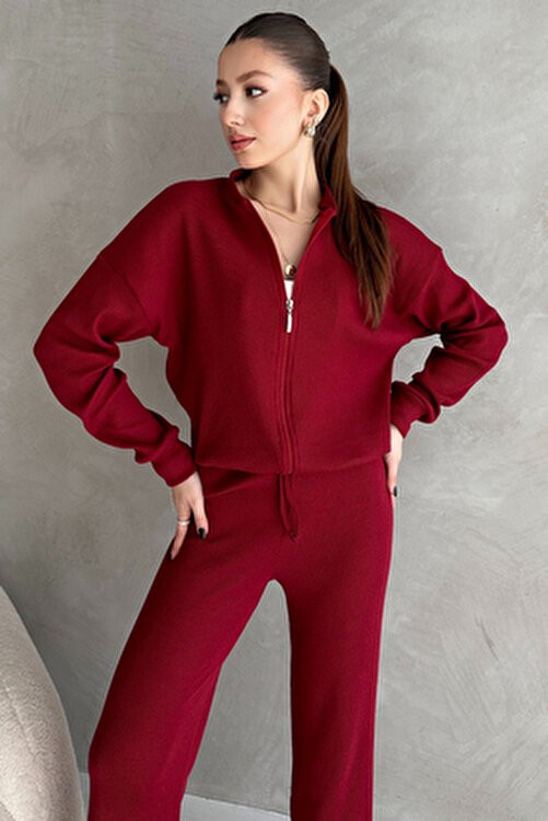 EYYE Bordo Kaşkorse Pantolon Bomber Ceket Kadın Alt Üst Takım görsel 7