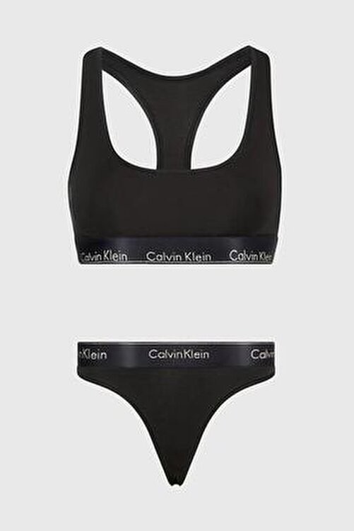 Calvin Klein Kadın Elastik Bantlı Sütyen ve Külot Seti Siyah Düz Desenli Bralet Konforlu Tasarım 000QF7453E