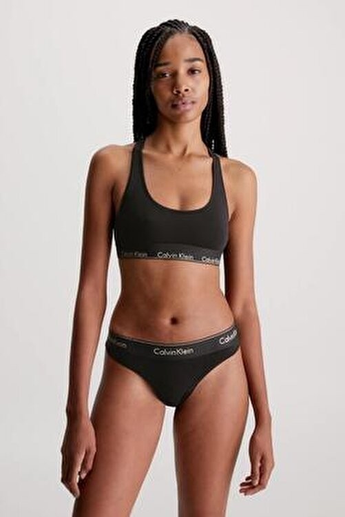 Calvin Klein Kadın Elastik Bantlı Sütyen ve Külot Seti Siyah Düz Desenli Bralet Konforlu Tasarım 000QF7453E görsel 2