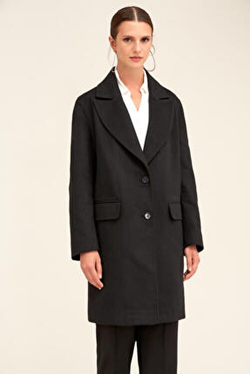 Hatemoğlu Saykı Woman Siyah Regular Fit Ceket Yaka Kaşe Oversize Manto görsel 4