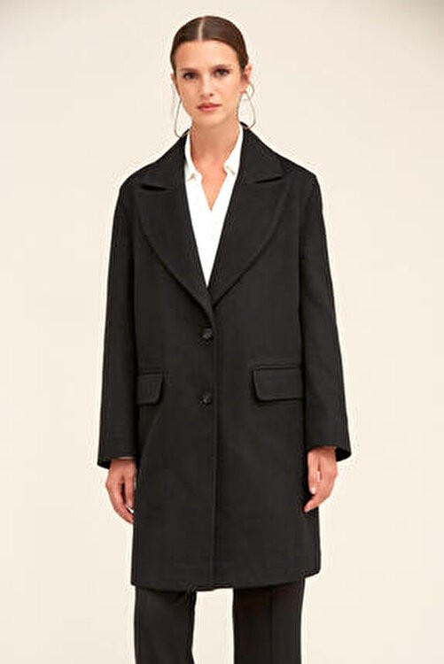 Hatemoğlu Saykı Woman Siyah Regular Fit Ceket Yaka Kaşe Oversize Manto görsel 6