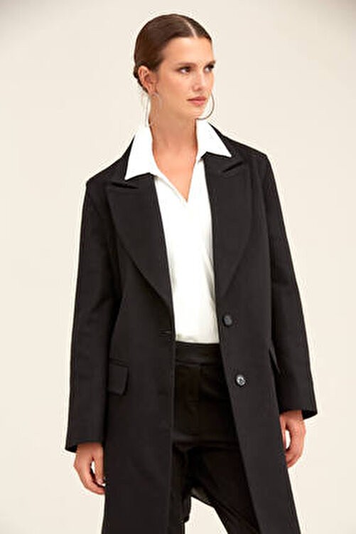 Hatemoğlu Saykı Woman Siyah Regular Fit Ceket Yaka Kaşe Oversize Manto görsel 8
