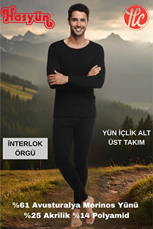 Hasyün Erkek Siyah %61 Yün Ter Emici Kaşındırmaz Içlik Uzun Kol Üst Alt Takım