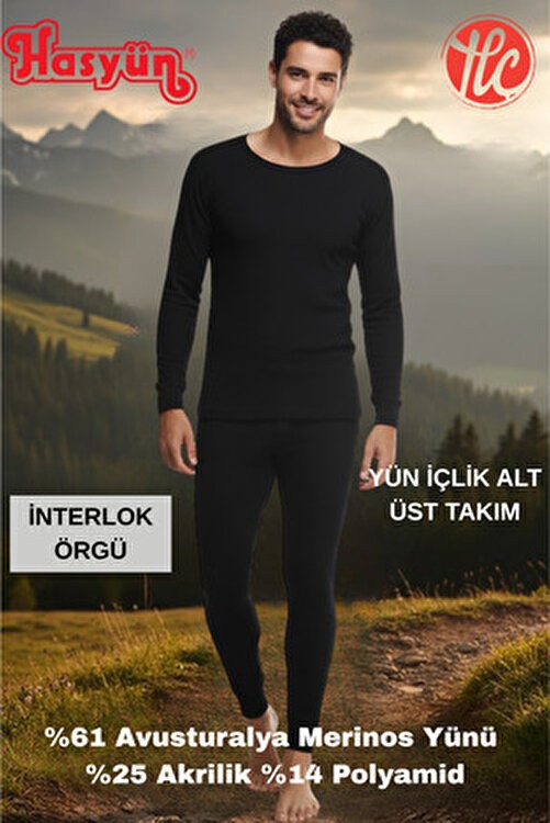Hasyün Erkek Siyah %61 Yün Ter Emici Kaşındırmaz Içlik Uzun Kol Üst Alt Takım görsel 2