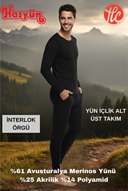 Hasyün Erkek Siyah %61 Yün Ter Emici Kaşındırmaz Içlik Uzun Kol Üst Alt Takım görsel 3