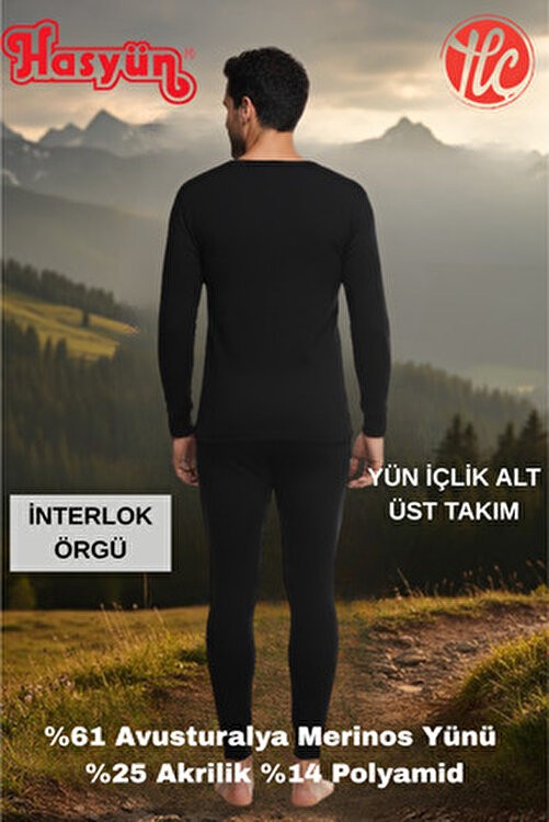Hasyün Erkek Siyah %61 Yün Ter Emici Kaşındırmaz Içlik Uzun Kol Üst Alt Takım görsel 4