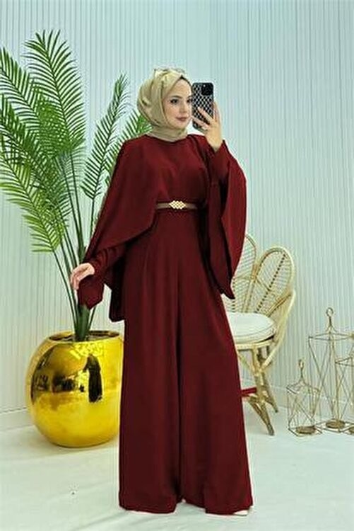 Neşeli Butik Kadın Pelerinli Kemer Detaylı Bordo Tesettür Tulum Polyester Düz Uzun Kol