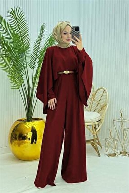 Neşeli Butik Kadın Pelerinli Kemer Detaylı Bordo Tesettür Tulum Polyester Düz Uzun Kol görsel 2
