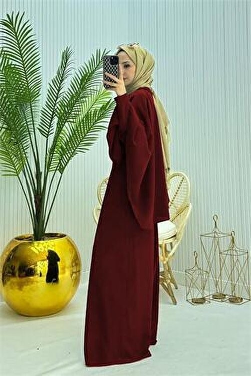 Neşeli Butik Kadın Pelerinli Kemer Detaylı Bordo Tesettür Tulum Polyester Düz Uzun Kol görsel 3