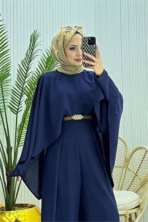 Neşeli Butik Kadın Pelerinli Kemer Detaylı Bordo Tesettür Tulum Polyester Düz Uzun Kol görsel 7