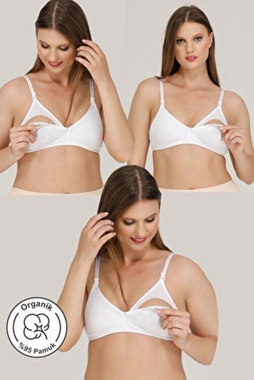 Parlingerie 3'lü Beyaz Emzirme Sütyeni Organik Yumuşak Dokulu Çizgi Desenli Konforlu Tasarım görsel 4