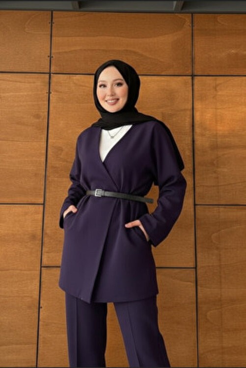 Molly Nelly Kadın Kemerli Kimono Astarlı Şık Ceket görsel 8