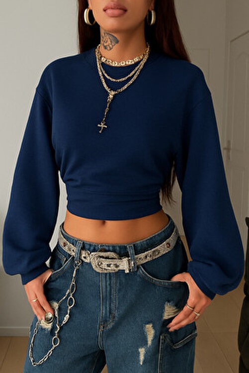 Tarz Cool Kadın Lacivert Bisiklet Yaka Belden Oturtmalı Tasarım Sweatshirt görsel 4