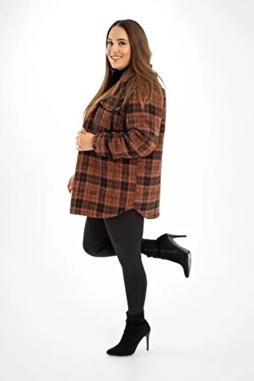 Roxxlen Kadın Kapüşonlu Ekose Kaban Kiremit Polyester Büyük Beden Casual Stil görsel 3
