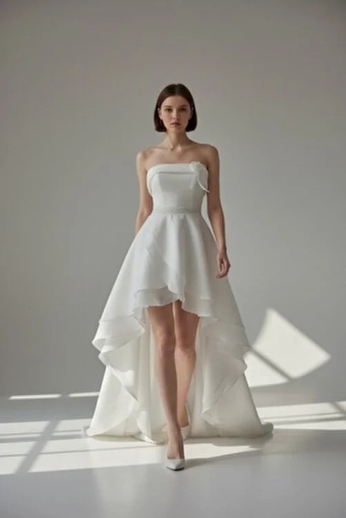 Bride In Love Organze,straplez Yaka,önü Kısa Arkası Uzun Gelinlik, Nikah Elbisesi,after Parti Mini Gelinlik
