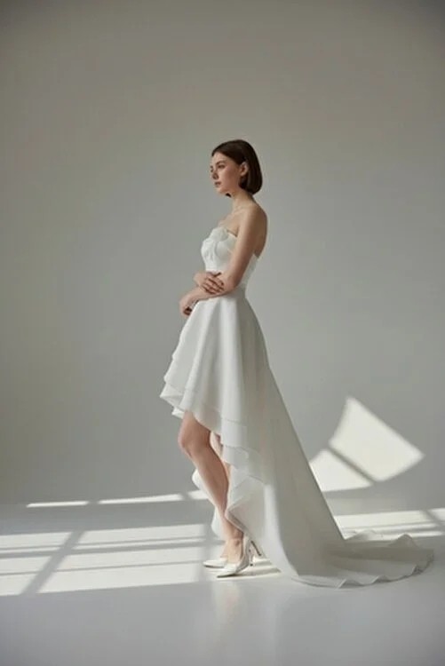 Bride In Love Organze,straplez Yaka,önü Kısa Arkası Uzun Gelinlik, Nikah Elbisesi,after Parti Mini Gelinlik görsel 3