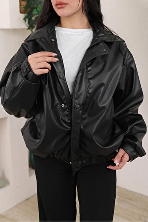 Baselco Oversize Vintage Bomber Deri Ceket Kadın Suni Deri Uzun Kol Çift Cepli Siyah Günlük Stil