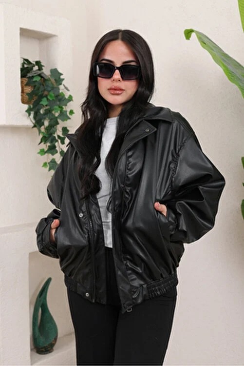 Baselco Oversize Vintage Bomber Deri Ceket Kadın Suni Deri Uzun Kol Çift Cepli Siyah Günlük Stil görsel 2