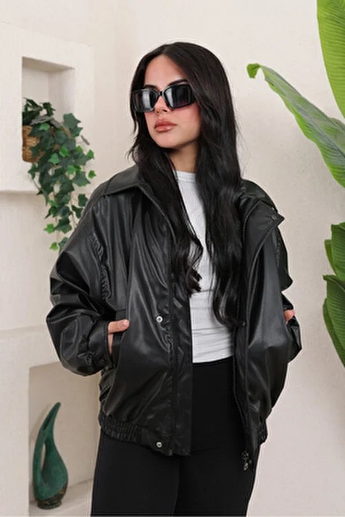 Baselco Oversize Vintage Bomber Deri Ceket Kadın Suni Deri Uzun Kol Çift Cepli Siyah Günlük Stil görsel 4