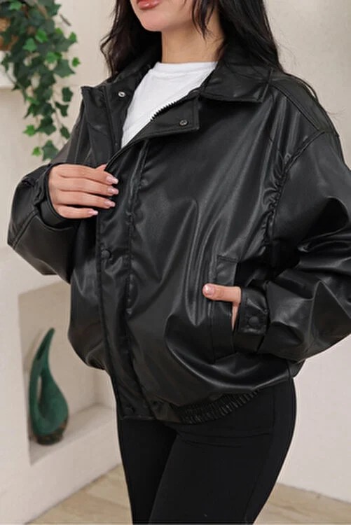 Baselco Oversize Vintage Bomber Deri Ceket Kadın Suni Deri Uzun Kol Çift Cepli Siyah Günlük Stil görsel 5