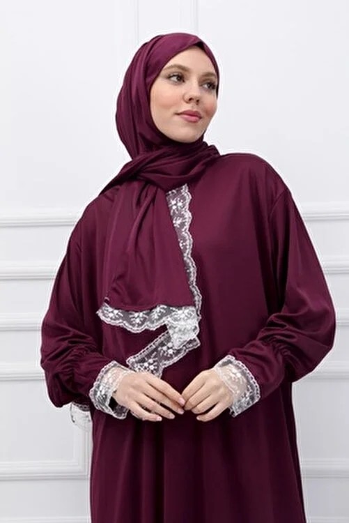 Defka Kendinden Başörtülü Dantelli Kadın Tesettür Namaz Elbisesi Pamuk - Polyester Düz Desenli Uzun Kol