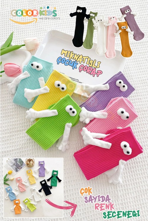 Color Socks Pembe El Ele Tutuşan Gözlü Mıknatıslı Soket Çorap Seti Düz Desenli Unisex görsel 5