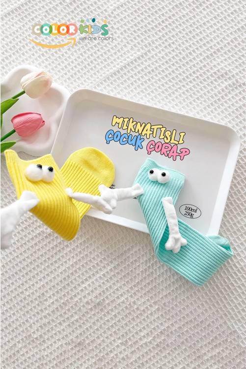 Color Socks Pembe El Ele Tutuşan Gözlü Mıknatıslı Soket Çorap Seti Düz Desenli Unisex görsel 6
