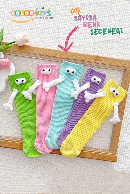 Color Socks Pembe El Ele Tutuşan Gözlü Mıknatıslı Soket Çorap Seti Düz Desenli Unisex görsel 7