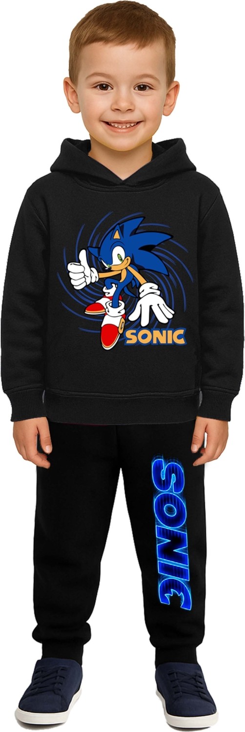 Sedirli Sonic Baskılı Çocuk Eşofman Takımı 3 Iplik Şardonlu Pamuklu Kumaş Kapüşonlu