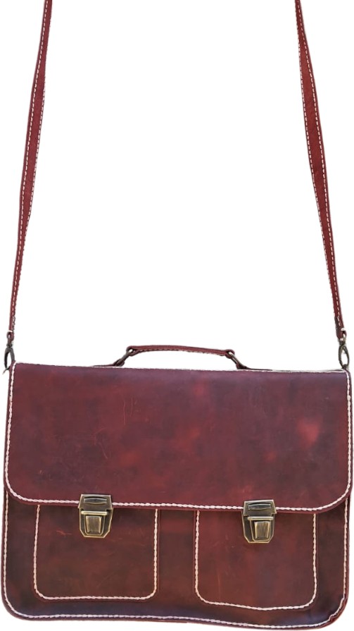 Semiramis Zeus Model Deri El Yapımı Çift Körüklü Vintage Unisex Bordo Evrak Çantası görsel 2