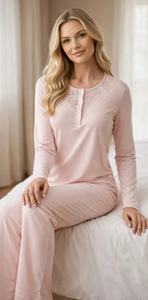 Flz Kadın Uzun Kollu Dantel Detaylı Pijama Takımı Kırmızı, Rahat Ev Giyim Seti Flz 89-142