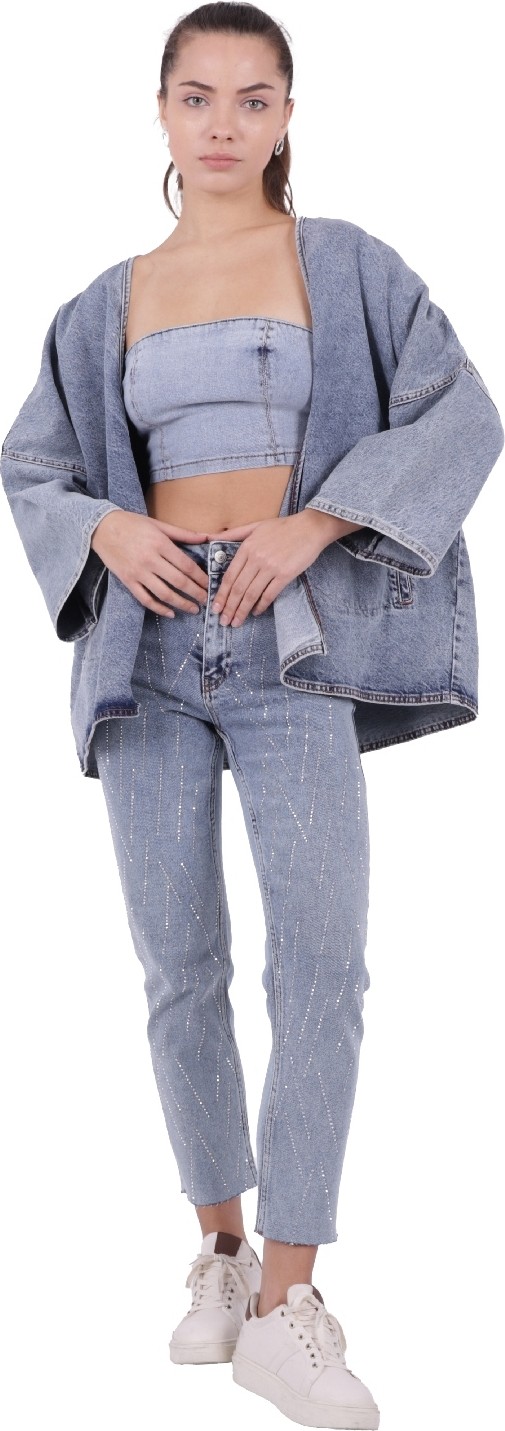 Richmost Bol Kalıplı ve Orta Boylu Kemersiz Rahat / Oversize Kadın Kot Kimono Açık Mavi Denim Dört Mevsim görsel 4