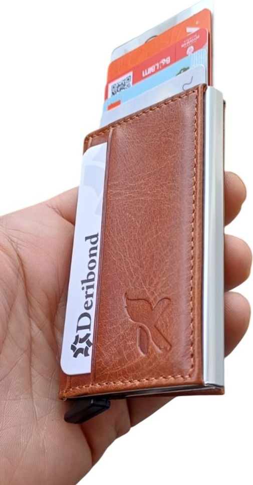 Deribond Otomatik Mekanizmalı Erkek Hakiki Deri Kartlık Cüzdan Slim Alüminyum Kasa görsel 6