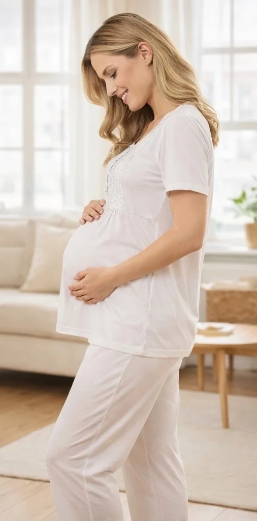 Flz Hamile Pijama Takımı, Dantel Detaylı Lohusa Pijama Rahat Yazlık Flz 24-82 görsel 3
