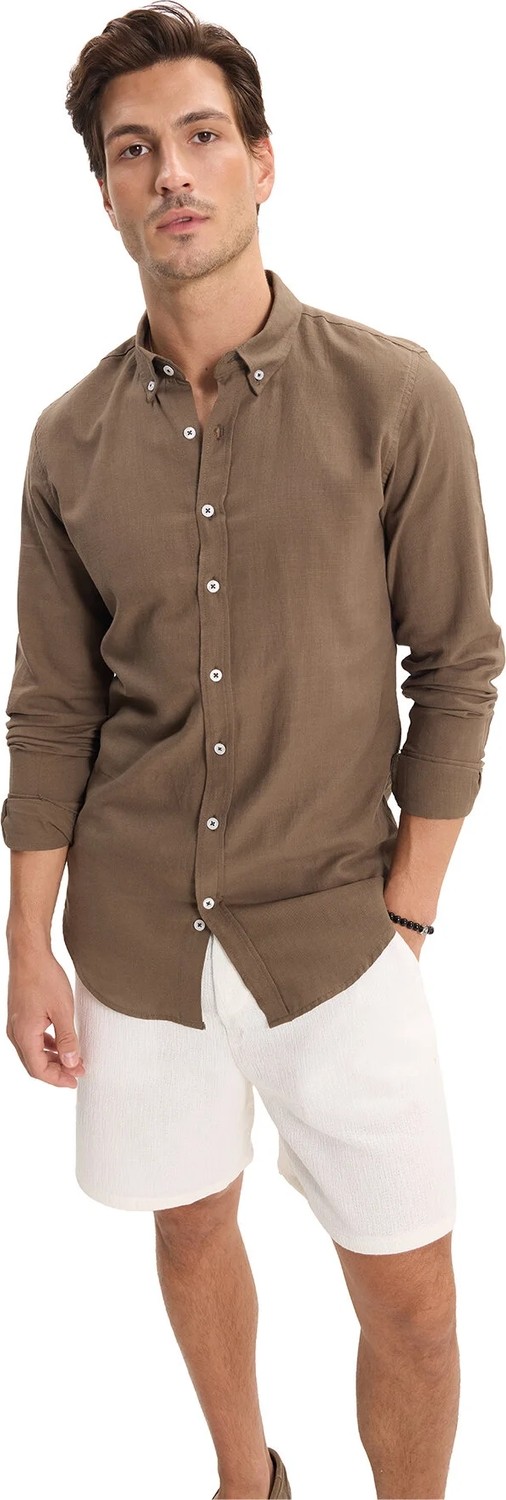 Tudors Erkek Slim Fit Dar Kesim %100 Pamuk Düğmeli Yaka Flam Keten Bordo Gömlek