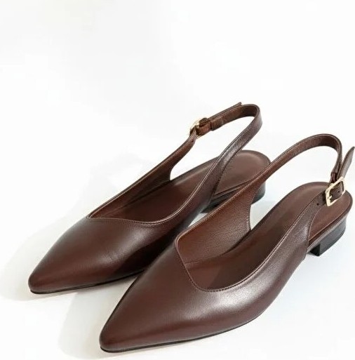 Ne&Ve Shoes Kahve Deri Sivri Burun Tokalı Kadın Babet