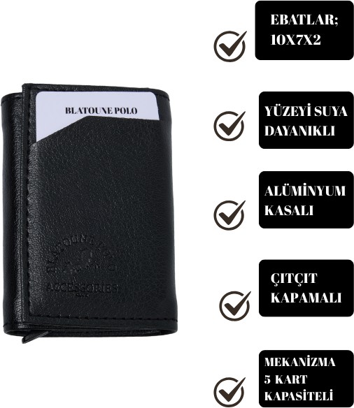 Blatoune Polo Erkek Vegan Deri RFID Korumalı Para Bölmeli Mekanizmalı Kartlık Cüzdan görsel 3