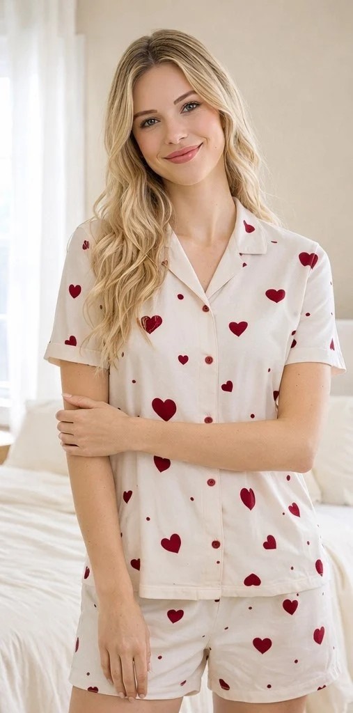 Kadın Kalp Desenli Boydan Düğmeli Kısa Kollu Şort Pijama Takımı, Rahat & Şık Yazlık Ev Giyim 76-104 görsel 2