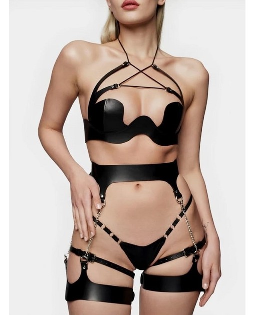 Candy Women Deri Fantezi Harness Set, Üst Harness + Bel Kemeri + Zincirli Jartiyer Takım görsel 2