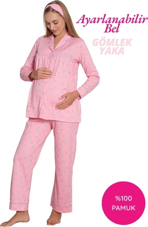 Alimer Pembe Kalpli Hamile Önden Düğmeli Uzun Kol Mevsimlik Bel Ayarlı %100 Pamuk Pijama Takımı-Geniş Kalıp