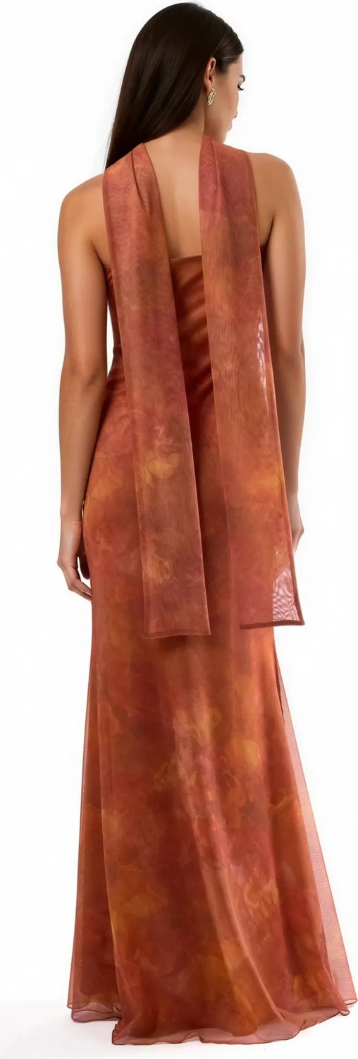 Hiccup Kadınlar Straplez Çiçek Desenli Tül Kuşaklı Bodycon Maxi Elbise Parlak Turuncu görsel 3
