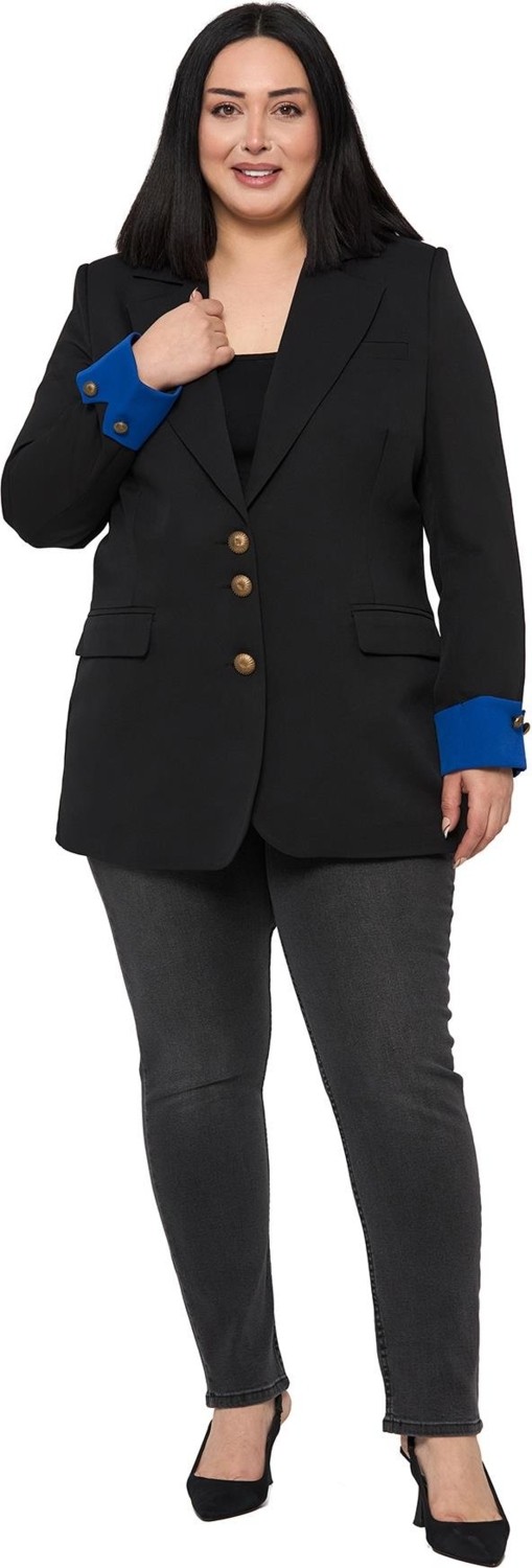 Disentis Modest Büyük Beden Manşeti Kumaş Garnili Düğme Detaylı Astarlı Siyah Saks Mavi Blazer Ceket