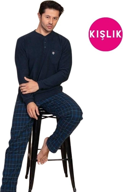 Guava Erkek 3 Düğme Uzun Kol Göğüs Cepli Selanik Kumaş Kışlık Kalın Cepli Pijama Takımı