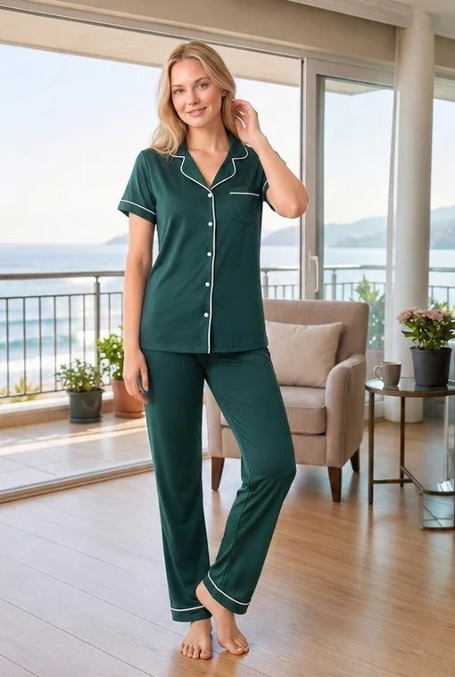 Kadın Viskon Pijama Takımı Yazlık Kısa Kollu Boydan Düğmeli Biyeli Şık Pijama M L Xl Xxl 780-108 görsel 2