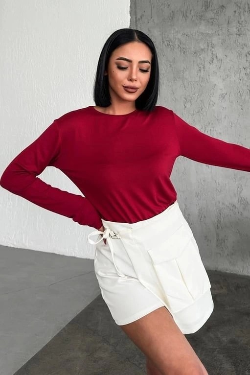 Hayat Store Rahat ve Şık Uzun Kollu Bisiklet Yaka Likralı Viskon Penye Body Bordo ( Lisinya )