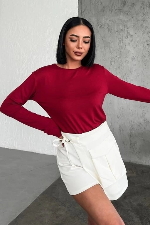 DoQun Rahat ve Şık Uzun Kollu Bisiklet Yaka Likralı Viskon Penye Body Bordo