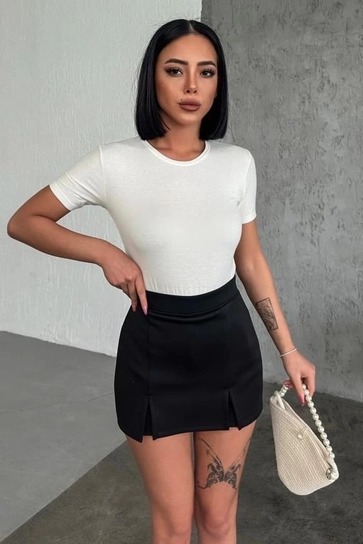 Nemere Rahat ve Şık Kısa Kollu Bisiklet Yaka Likralı Viskon Penye Body Ekru