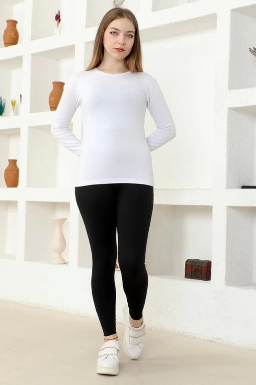 Lisinya Rahat ve Şık Uzun Kollu Bisiklet Yaka Likralı Viskon Penye Body Beyaz ( Lisinya ) görsel 3