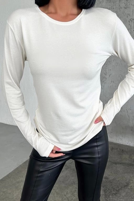 Lisinya Rahat ve Şık Uzun Kollu Bisiklet Yaka Likralı Viskon Penye Body Ekru ( Lisinya ) görsel 2